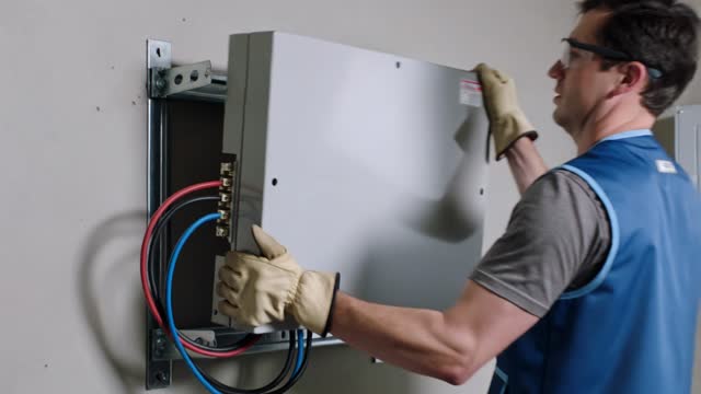 Technician installing an electrical distribution panel